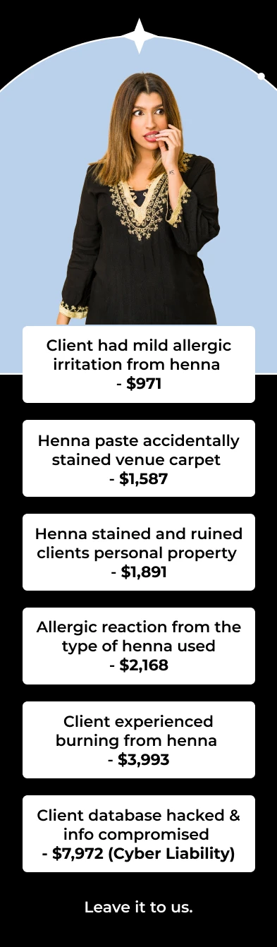 Client had mild allergic irritation from henna - $971 Henna paste accidentally stained venue carpet - $1,587 Henna stained and ruined clients personal property - $1,891 Allergic reaction from the type of henna used - $2,168 Client experienced burning from henna - $3,993 Client database hacked & info compromised  - $7,972 (Cyber Liability) leave it to us.
