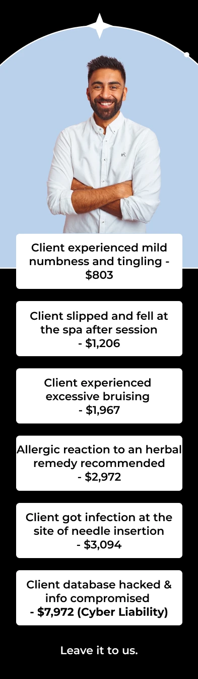 Client experienced mild numbness and tingling - $803 Client slipped and fell at the spa after session - $1,206 Client experienced excessive bruising - $1,967 Allergic reaction to an herbal remedy recommended - $2,972 Client got infection at the site of needle insertion - $3,094 Client database hacked & info compromised  - $7,972 (Cyber Liability)