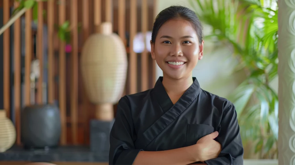 A young female massage therapist wearing a black uniform smiles in a tropical-themed massage studio.