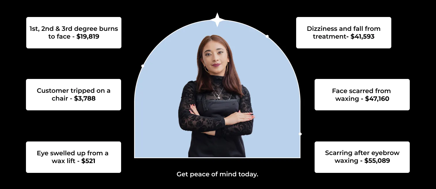 Eye swelled up from a  wax lift - $521 Customer tripped on a chair - $3,788 1st, 2nd & 3rd degree burns to face - $19,819 Dizziness and fall from treatment- $41,593 Face scarred from  waxing - $47,160 Scarring after eyebrow waxing - $55,089
