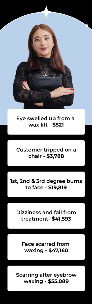 Eye swelled up from a  wax lift - $521 Customer tripped on a chair - $3,788 1st, 2nd & 3rd degree burns to face - $19,819 Dizziness and fall from treatment- $41,593 Face scarred from  waxing - $47,160 Scarring after eyebrow waxing - $55,089