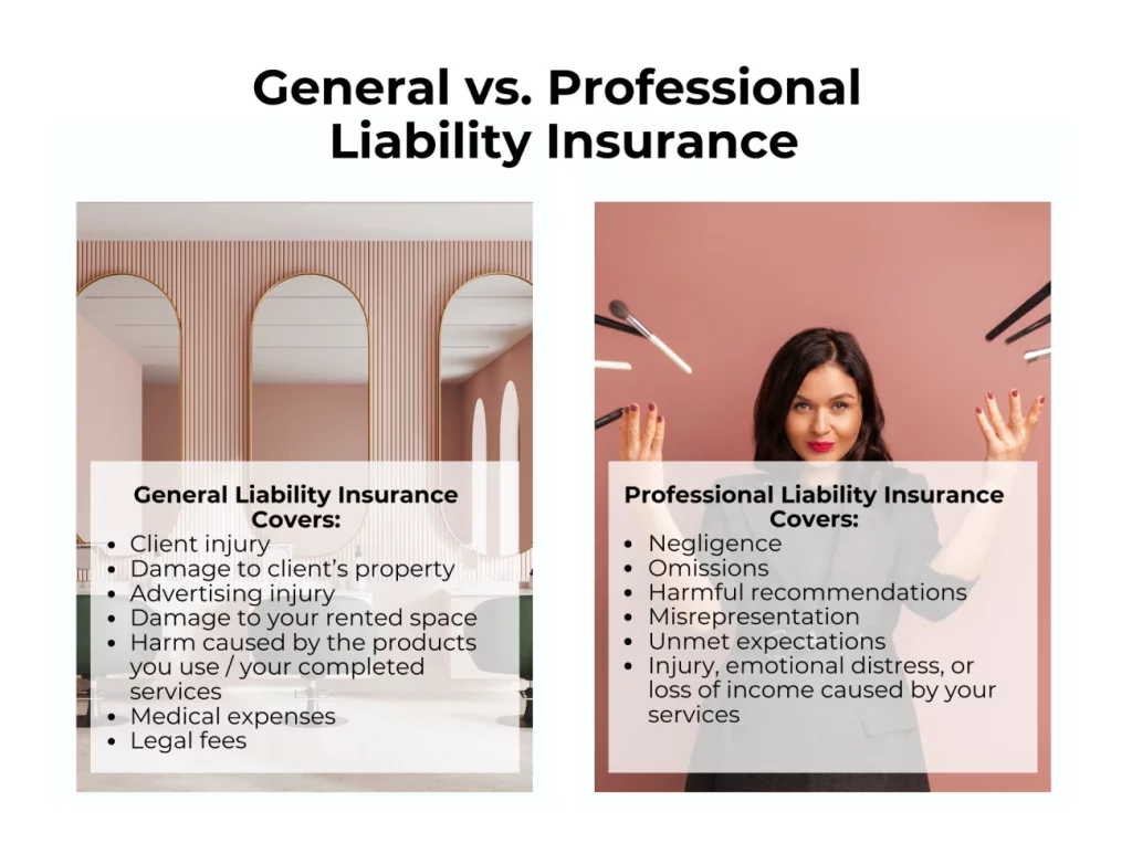 An infographic that compares general versus liability insurance coverage showing an image of a pink salon and an image of a cosmetologist throwing makeup brushes in the air against a pink backdrop, with bullet points listing the different claim types covered.