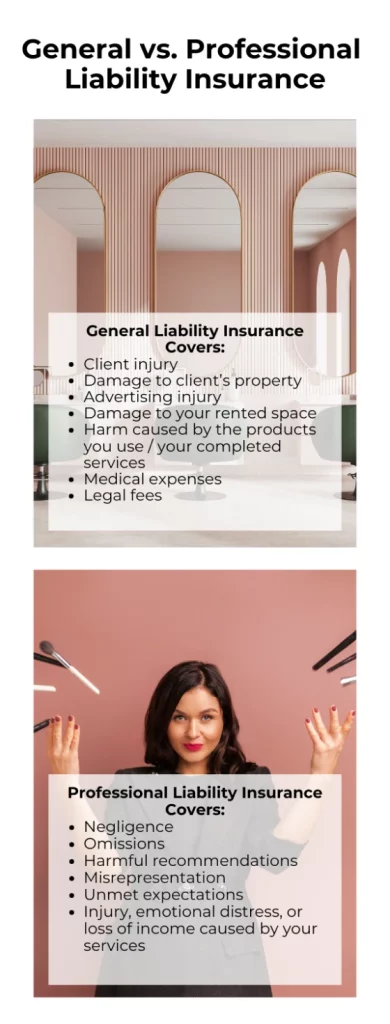 A vertical infographic that compares general versus liability insurance coverage showing an image of a pink salon stacked above an image of a cosmetologist throwing makeup brushes in the air against a pink backdrop, with bullet points listing the different claim types covered.