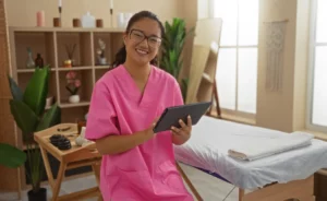 A female massage therapist wearing pink scrubs and glasses smiles while holding her business tablet at the spa.